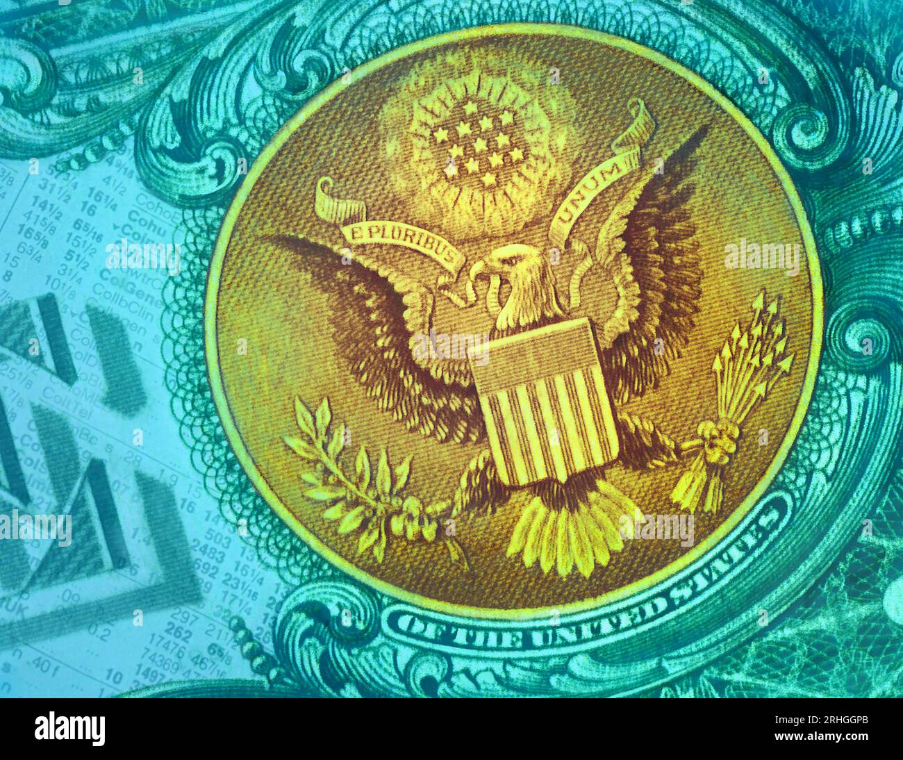 Valuta statunitense America Bald Eagle sulla banconota in dollari USA. Sigillo degli Stati Uniti d'America e Pluribus Unum. Dollari americani in contanti. STATI UNITI Foto Stock