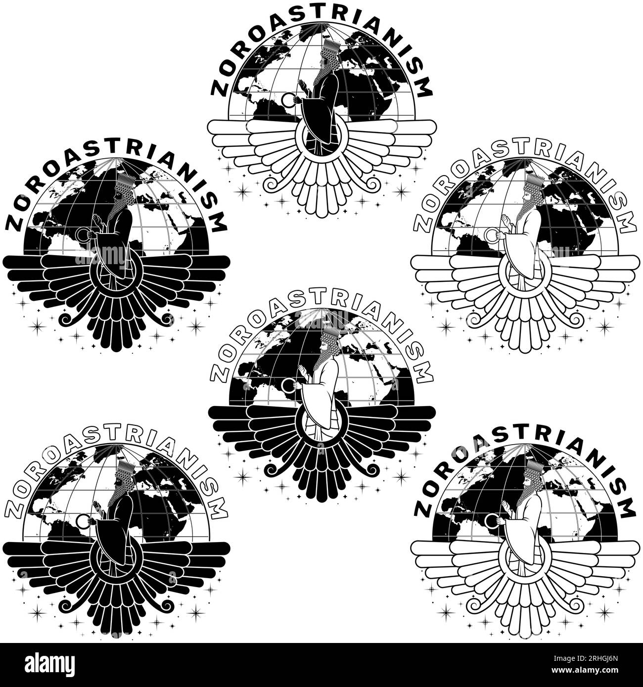 Zoroastrismo disegno vettoriale religioso, simbolo Faravahar con Ahura Mazda e pianeta Terra Illustrazione Vettoriale
