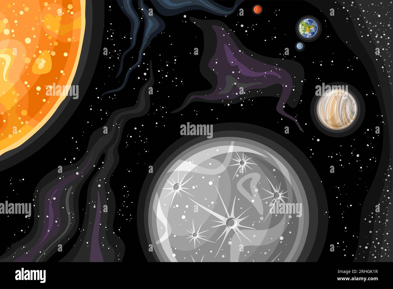 Vector Fantasy Space Chart, poster astronomico orizzontale con disegno a cartoni animati, stella fiammeggiante Sole e pianeti orbitanti nello spazio profondo, colorfu decorativo Illustrazione Vettoriale