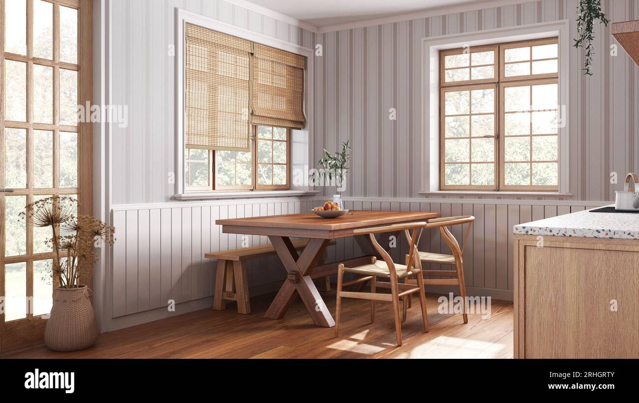 Sala da pranzo in legno della fattoria nelle tonalità del bianco e del  beige. Armadi e