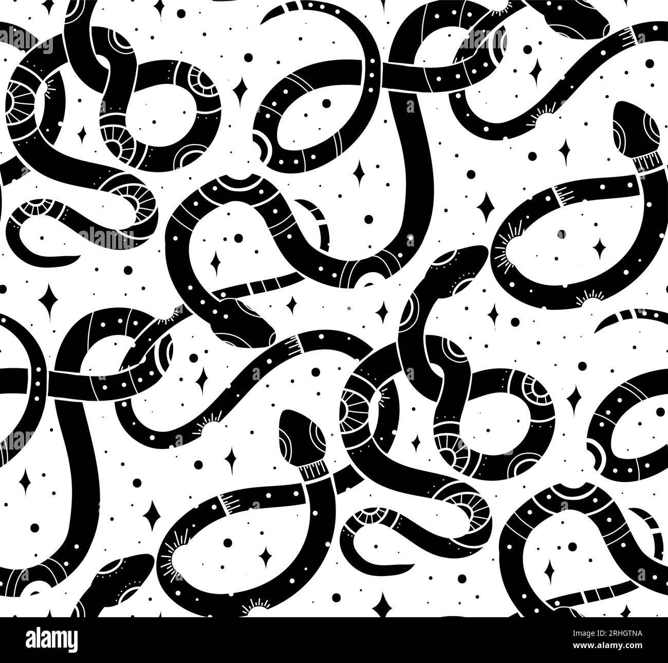 Motivo vettoriale senza cuciture con silhouette nere celesti a serpente con decorazioni mistiche e stelle su sfondo bianco. Trama stregoneria Illustrazione Vettoriale
