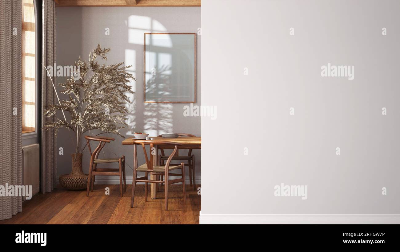 Sala da pranzo in legno con pavimento in parquet, su una parete in primo piano, idea architettonica di interior design, concetto con spazio per la copia, sfondo vuoto Foto Stock