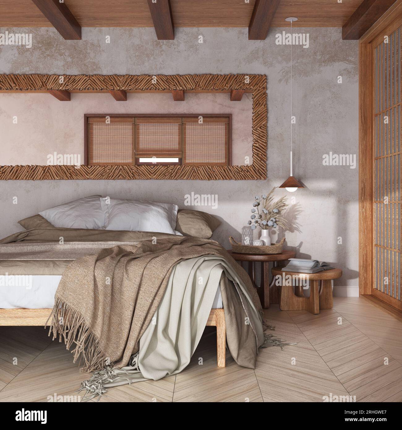 Camera da letto in legno bohémien della fattoria in toni bianchi e beige. Letto matrimoniale, porta di carta e specchio in rattan. Pavimento in parquet, design interno japandi Foto Stock