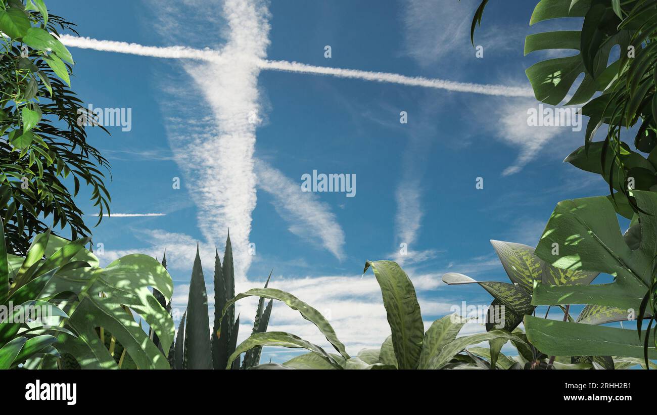 Telaio della giungla, idea bifilica. Foglie tropicali su un cielo blu nuvoloso. Design urbano nella giungla. Concetto di biofilia Foto Stock