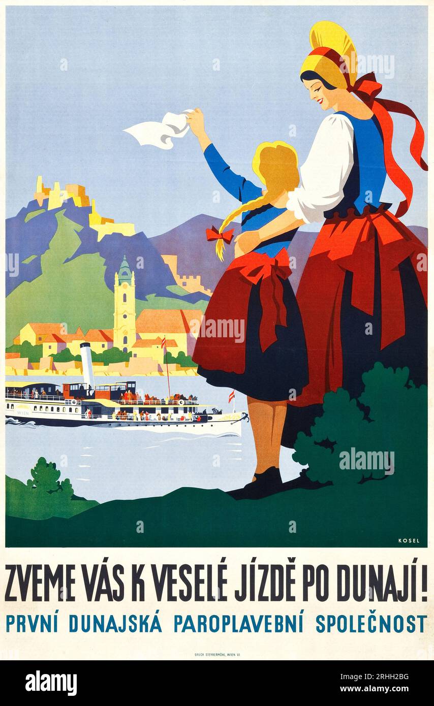 Blue Danube Travel poster Austria (c. 1932) opera d'arte di Hermann Kosel - madre e figlia in abiti tradizionali austriaci che sventolano su una nave passeggeri Foto Stock