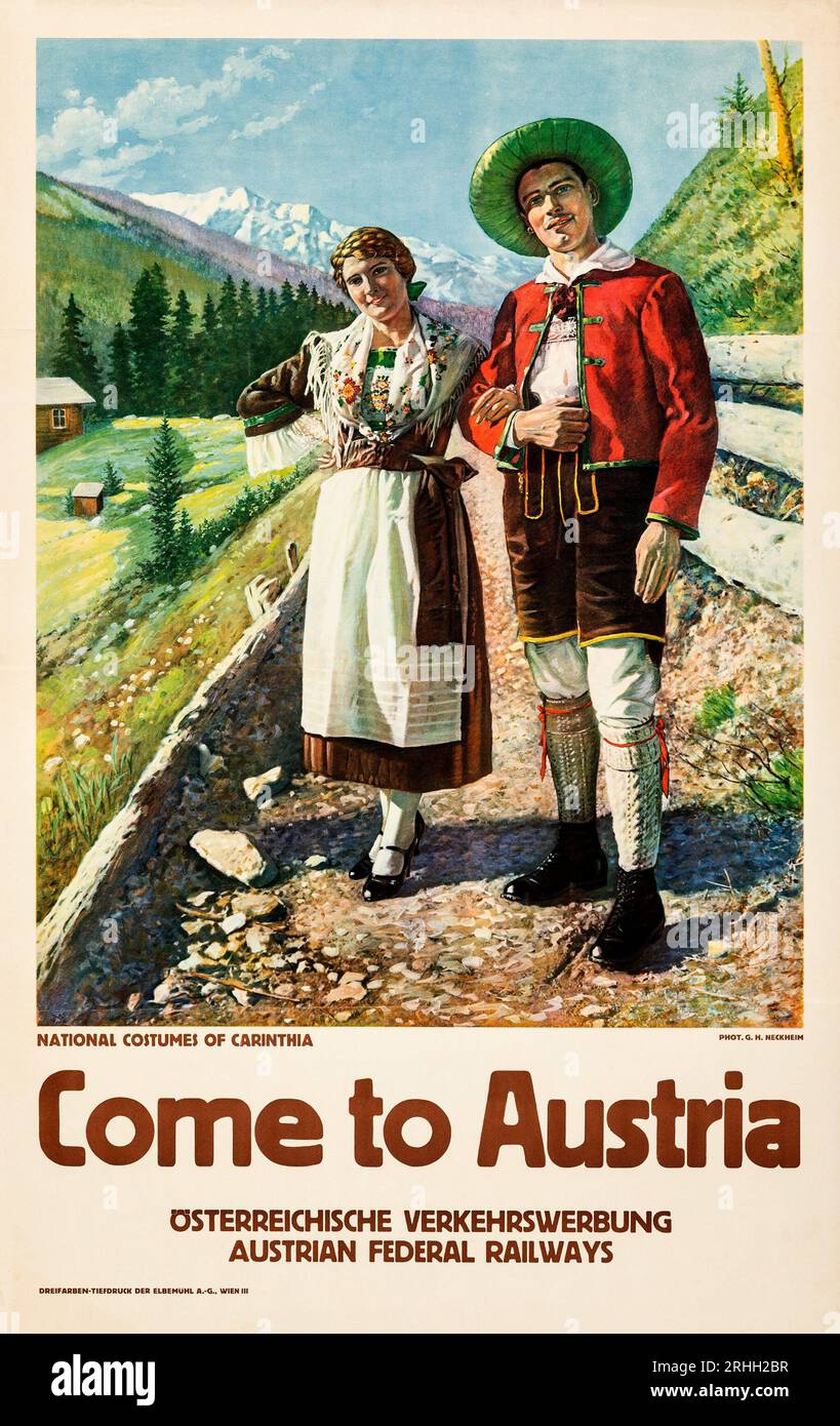 Vieni in Austria (Ferrovie federali austriache, 1938). Poster di viaggio austriaco - opere d'arte di G. H. Neckheim Foto Stock