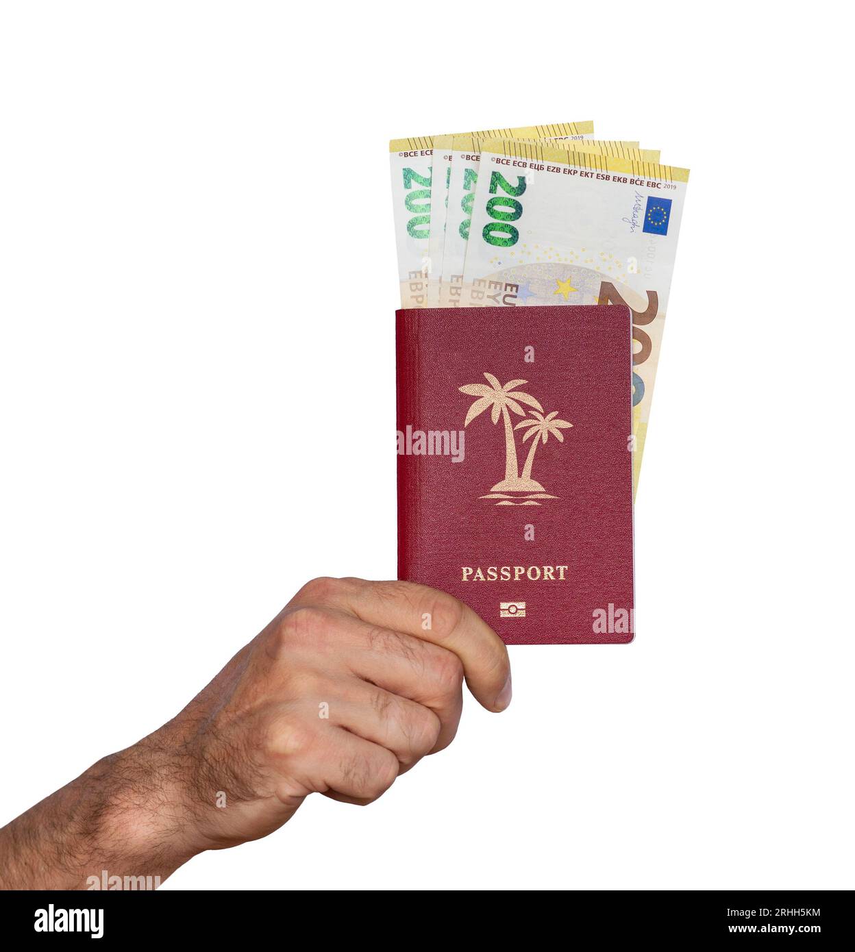 Passaporto isolato in mano su banconote bianche da 200 euro e palme illustrate sulla copertina del passaporto Foto Stock
