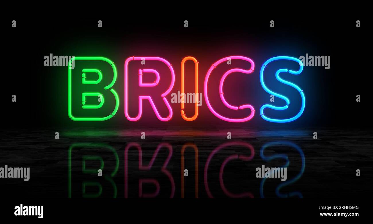Simbolo al neon BRICS. Organizzazione politica internazionale lampadine di colore chiaro. Illustrazione 3d del concetto astratto. Foto Stock