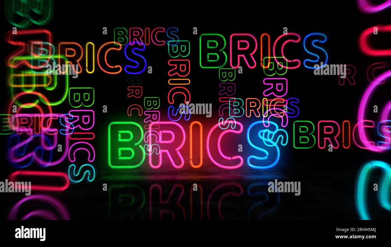 Simbolo al neon BRICS. Organizzazione politica internazionale lampadine di colore chiaro. Illustrazione 3d del concetto astratto. Foto Stock