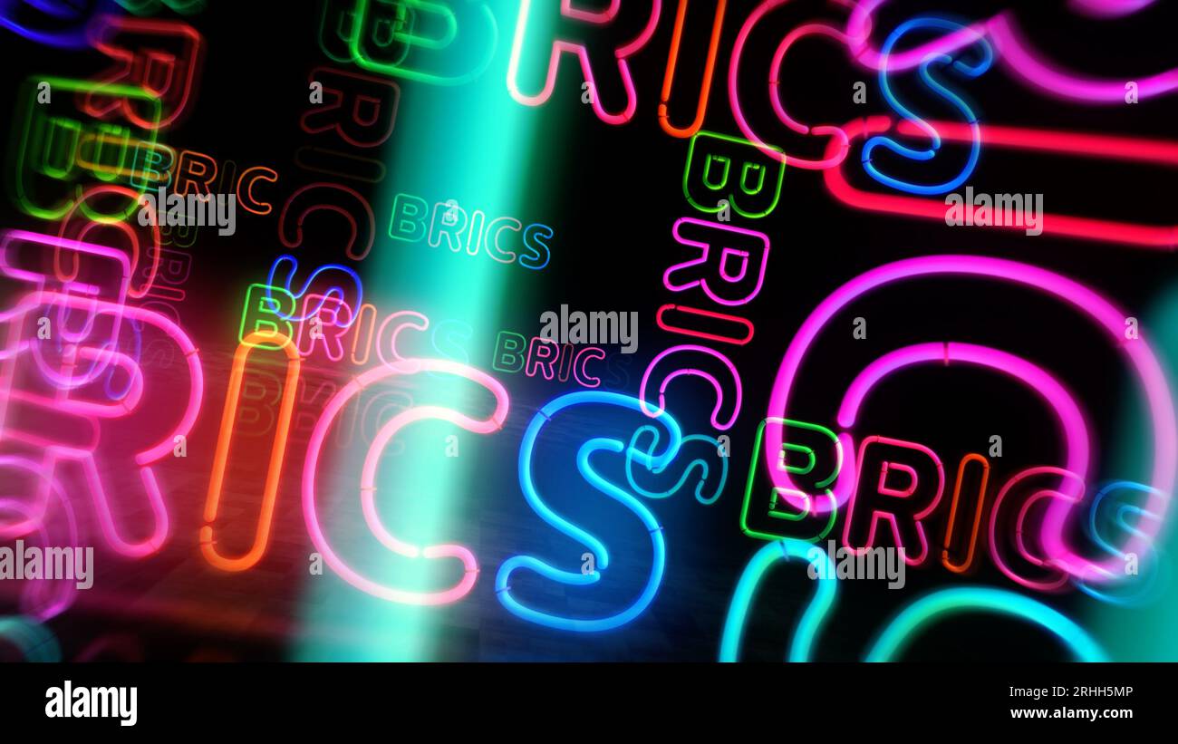 Simbolo al neon BRICS. Organizzazione politica internazionale lampadine di colore chiaro. Illustrazione 3d del concetto astratto. Foto Stock