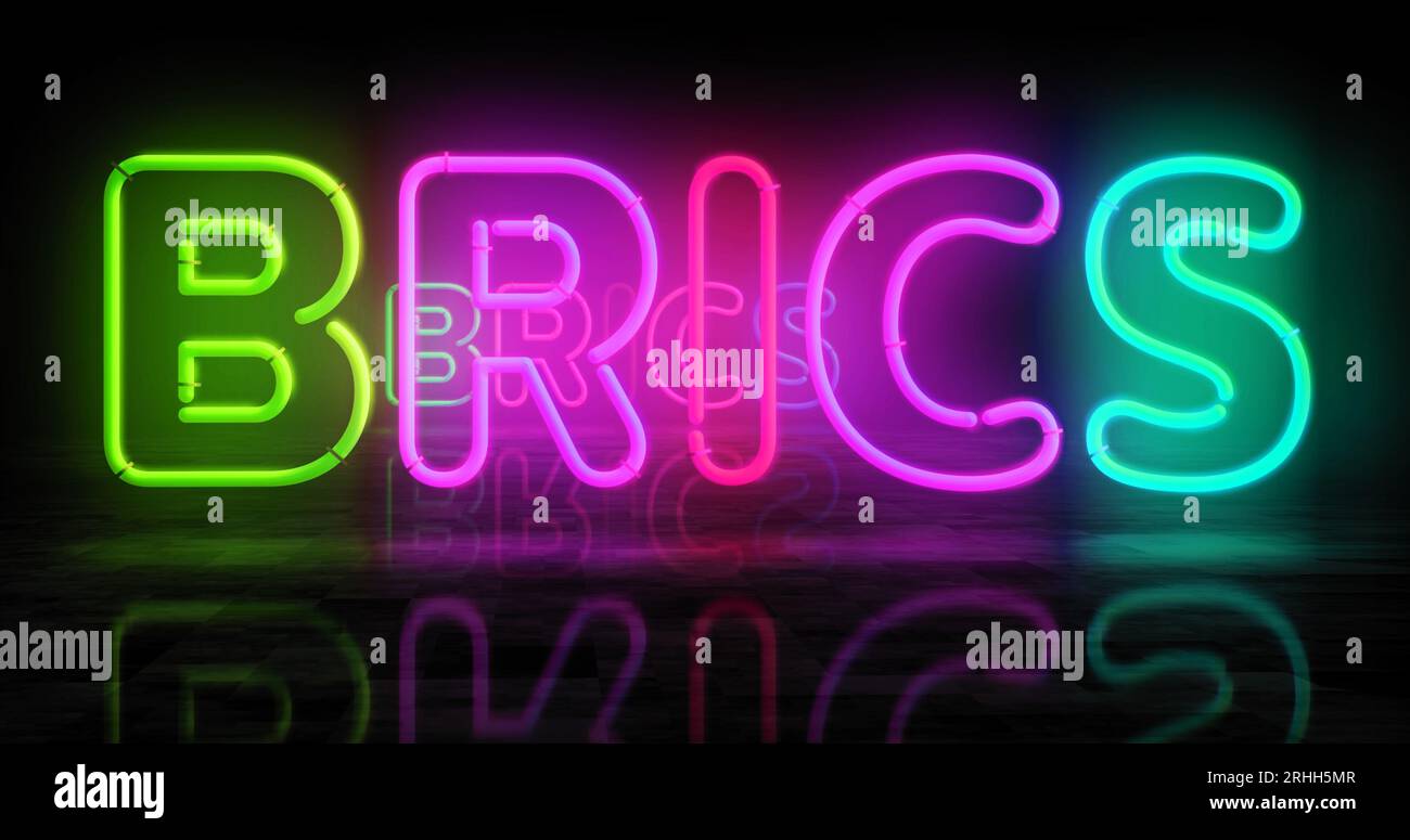 Simbolo al neon BRICS. Organizzazione politica internazionale lampadine di colore chiaro. Illustrazione 3d del concetto astratto. Foto Stock