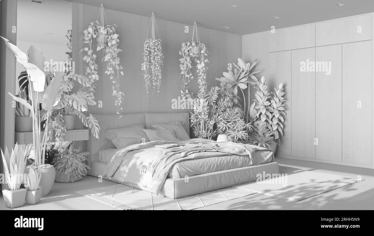 Progetto bianco totale, giardino domestico, camera da letto minimale. Letto matrimoniale in velluto, pavimento in parquet e molte piante da casa. Design degli interni della giungla urbana. Biophili Foto Stock