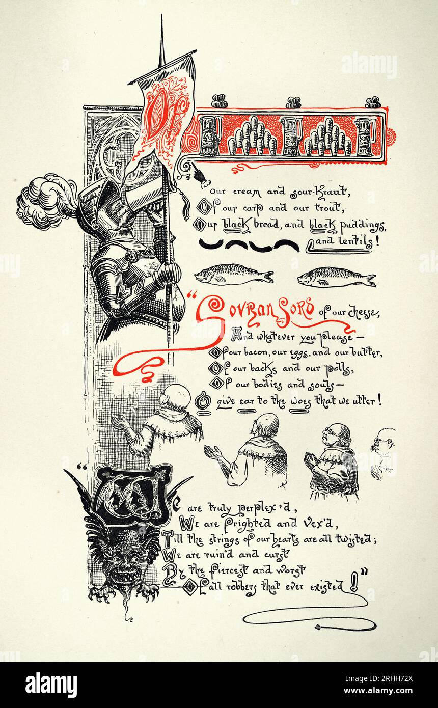 Page from the Knight and the Dragon di Thomas Hood, Fantasy Mythology, Knight, gargoyle, illustrato da Ernest Maurice Jessop Foto Stock