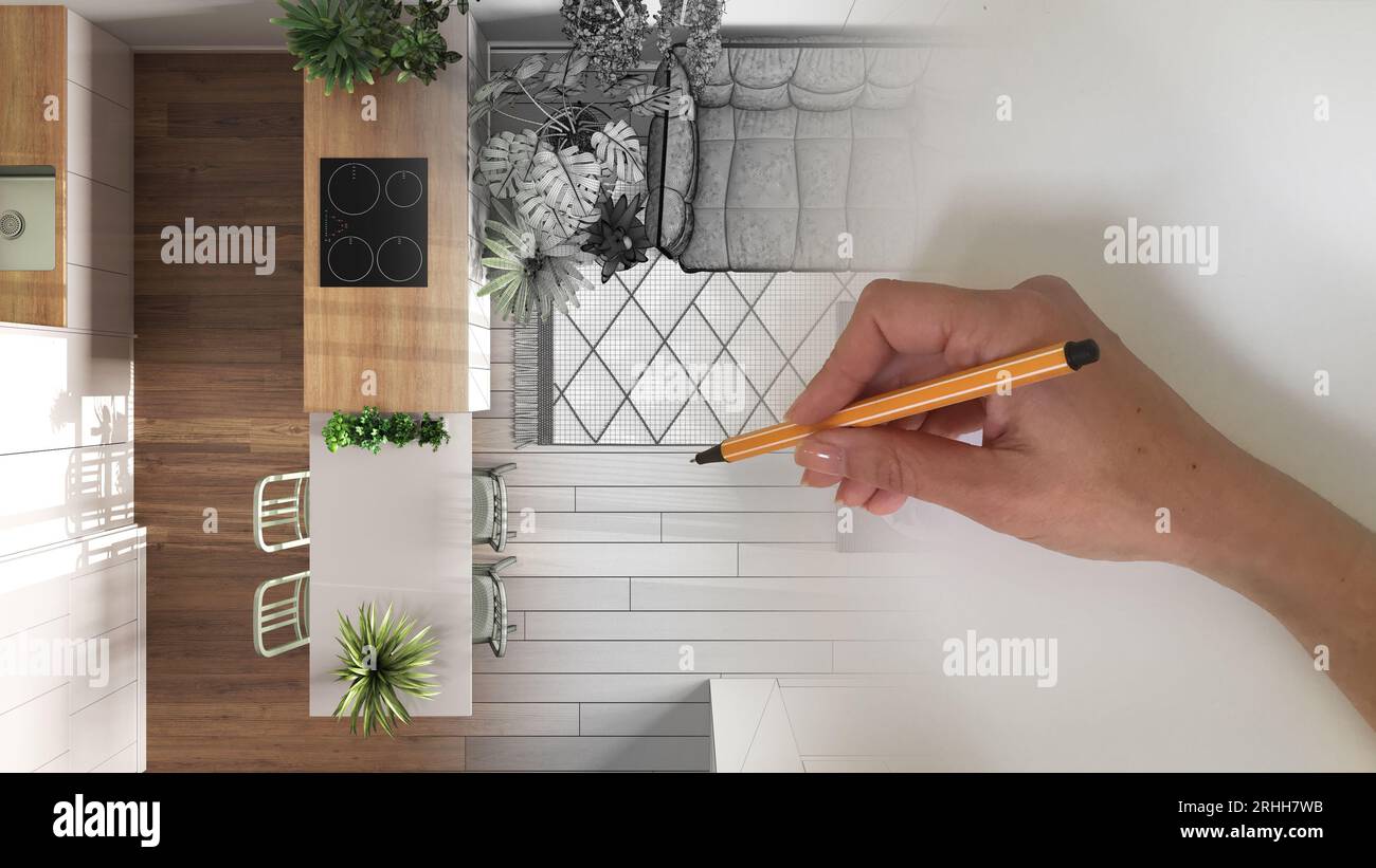 Concept architetto di interior designer: Disegnare a mano un progetto d'interni di design mentre lo spazio diventa reale, cucina moderna, soggiorno con tavolo da pranzo Foto Stock