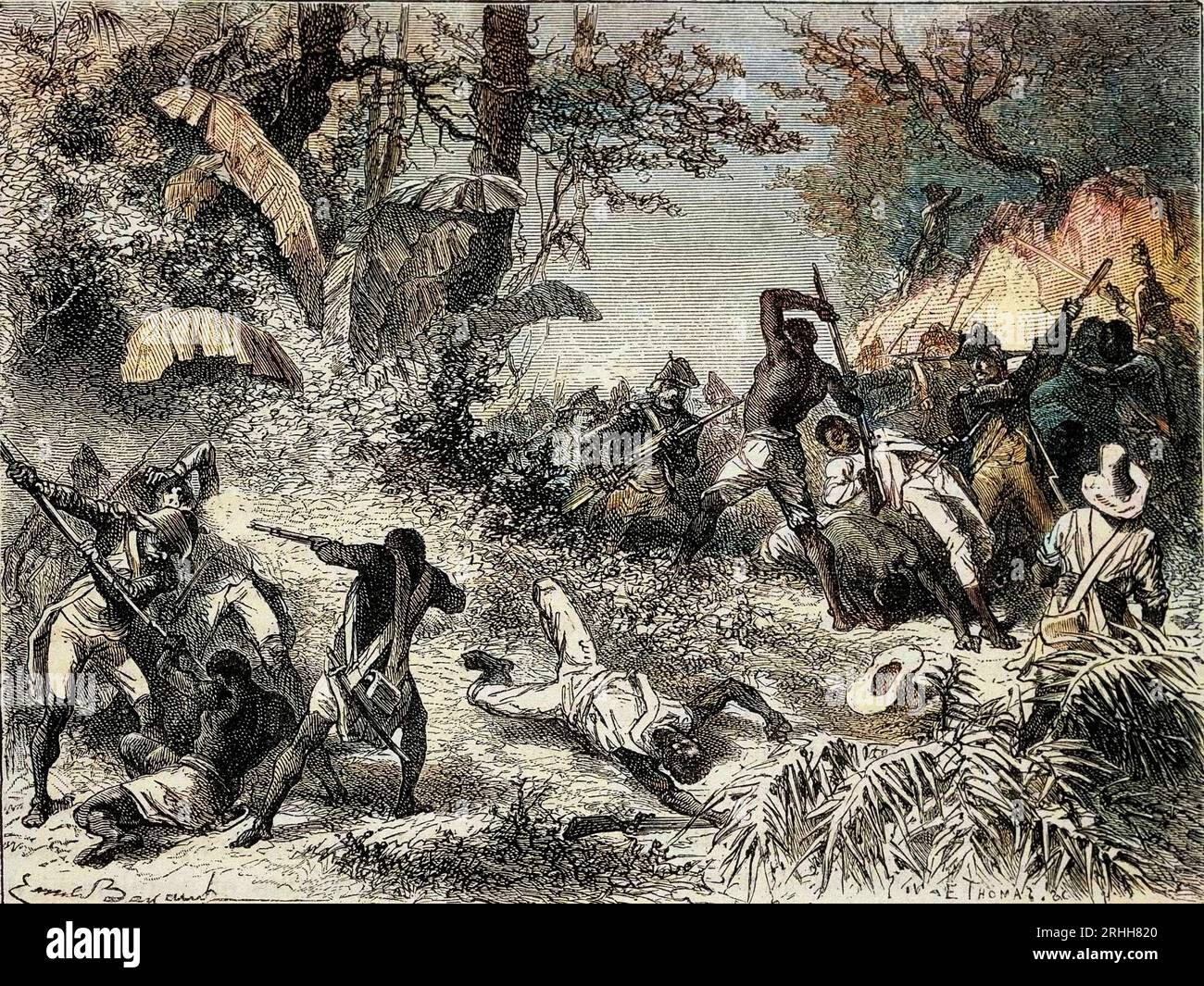 La revolte des esclaves noirs à St Domingue (ancien nom de Haiti) en 1793 - la rivolta degli schiavi a Saint Domingue Foto Stock