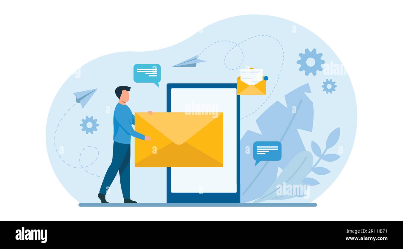 Concetto di design dell'illustrazione aziendale. Vettore di un uomo d'affari che invia un'e-mail Illustrazione Vettoriale