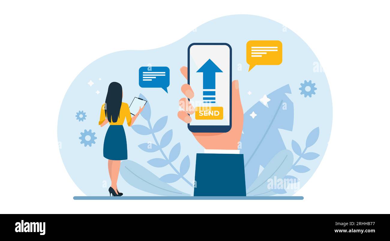Vettore di una donna d'affari che invia e-mail e file digitali tramite una connessione di rete sicura Illustrazione Vettoriale