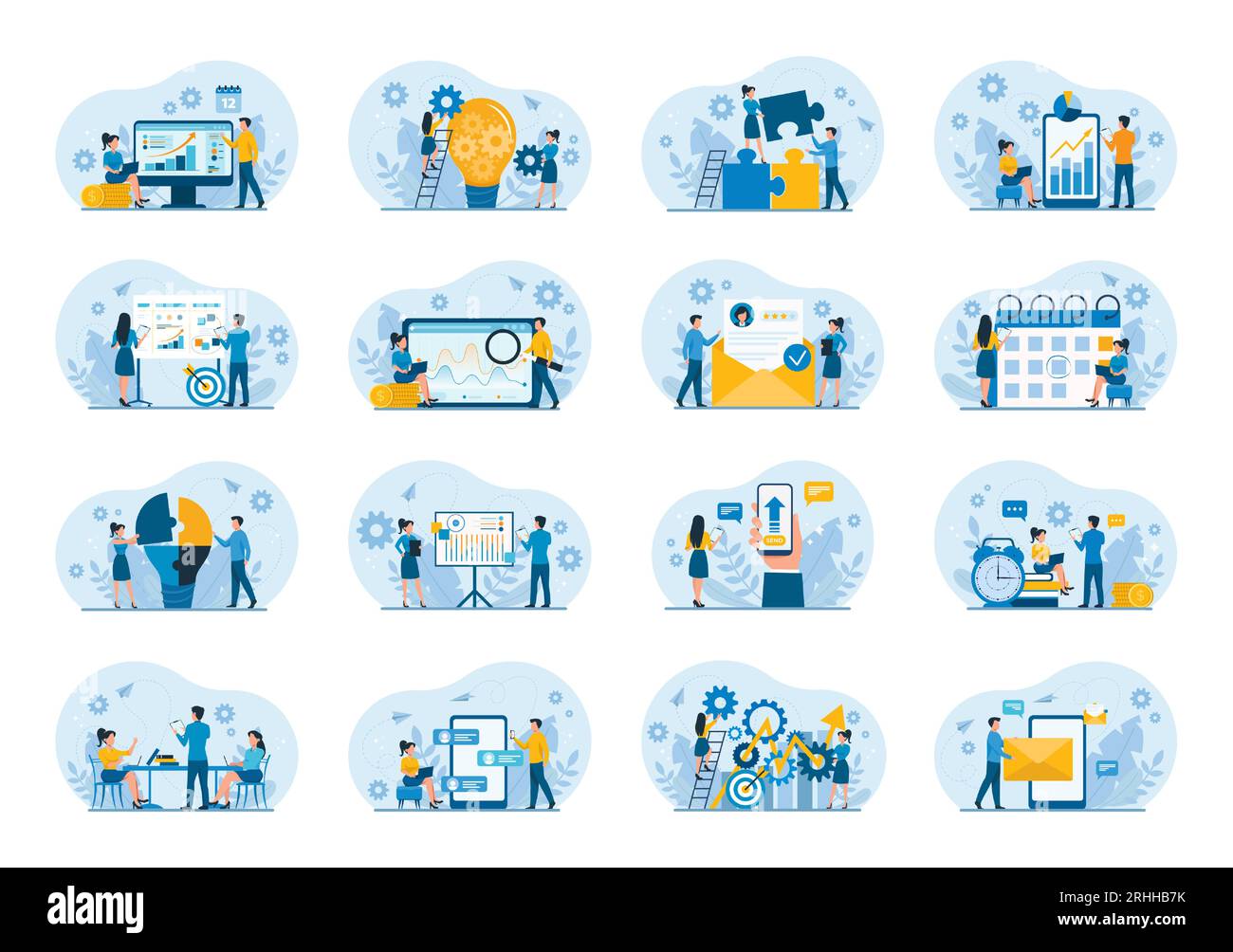 Concetto di progettazione di illustrazioni per set business vettoriali. Team di marketing del personale aziendale che si occupa di strategia di crescita, networking e analisi dei dati finanziari Illustrazione Vettoriale