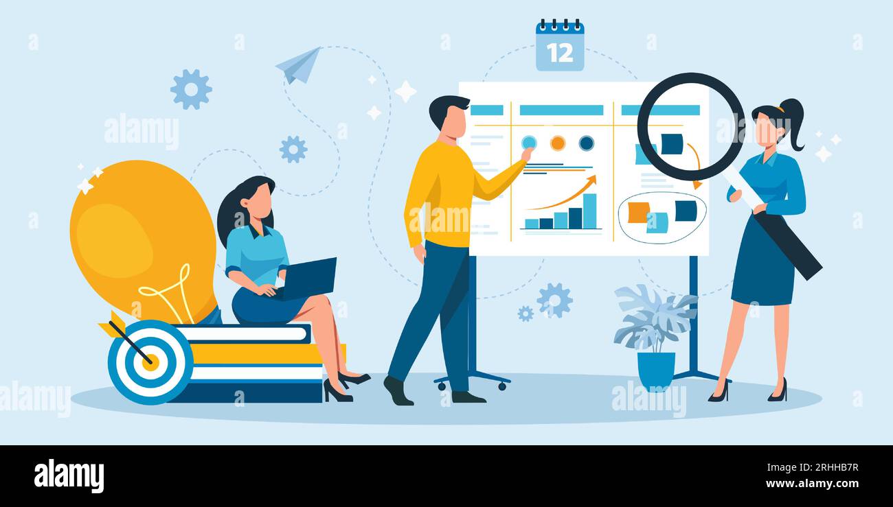 Team di business people Vector, business analyst che tiene traccia di report finanziari e investimenti Illustrazione Vettoriale