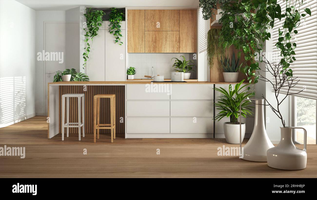 Piano da tavolo o ripiano in legno con vasi moderni minimalisti su una cucina minimalista in legno con piante isolane e domestiche, design interno biofilico Foto Stock