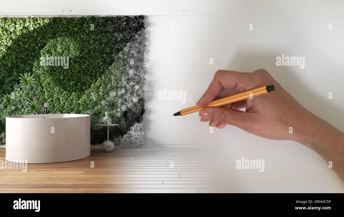 Concept di interior designer architetto: Disegnare a mano un progetto di interni di design mentre lo spazio diventa reale, bagno con vasca e giardino verticale Foto Stock