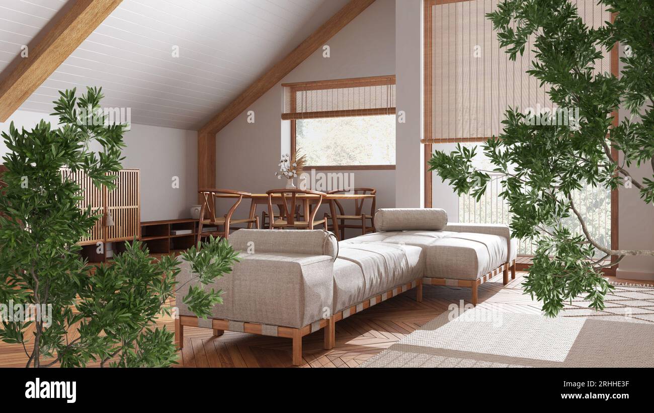 Foglie verdi estive o primaverili, ramificazioni di alberi sulla scena di interior design. Concetto di ecologia naturale. Soggiorno e sala da pranzo minimali Japandi. Interni Foto Stock