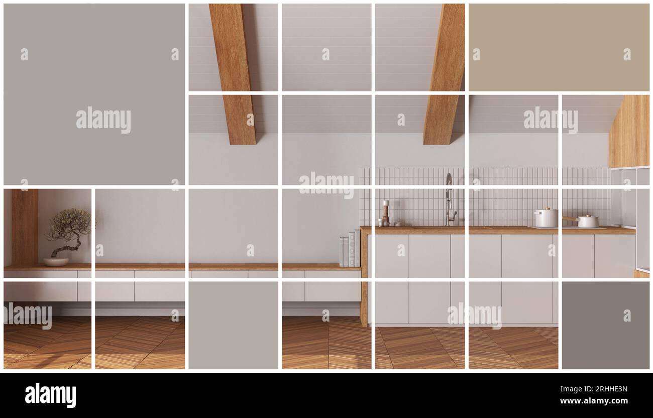 Effetto grafico a mosaico quadrato geometrico con spazio di copia per testo, modello di presentazione, idea di mockup, cucina japandi in stile minimalista. Attico Foto Stock