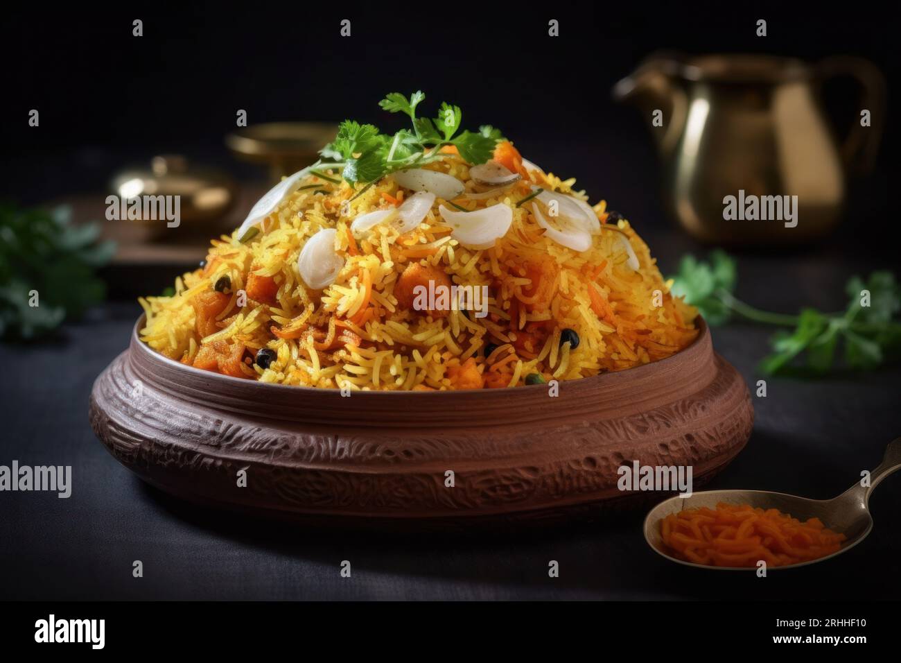 Fotografia gastronomica Biryani su sfondo nero. Concetto di cibo indiano. Spazio copia testo. Foto Stock