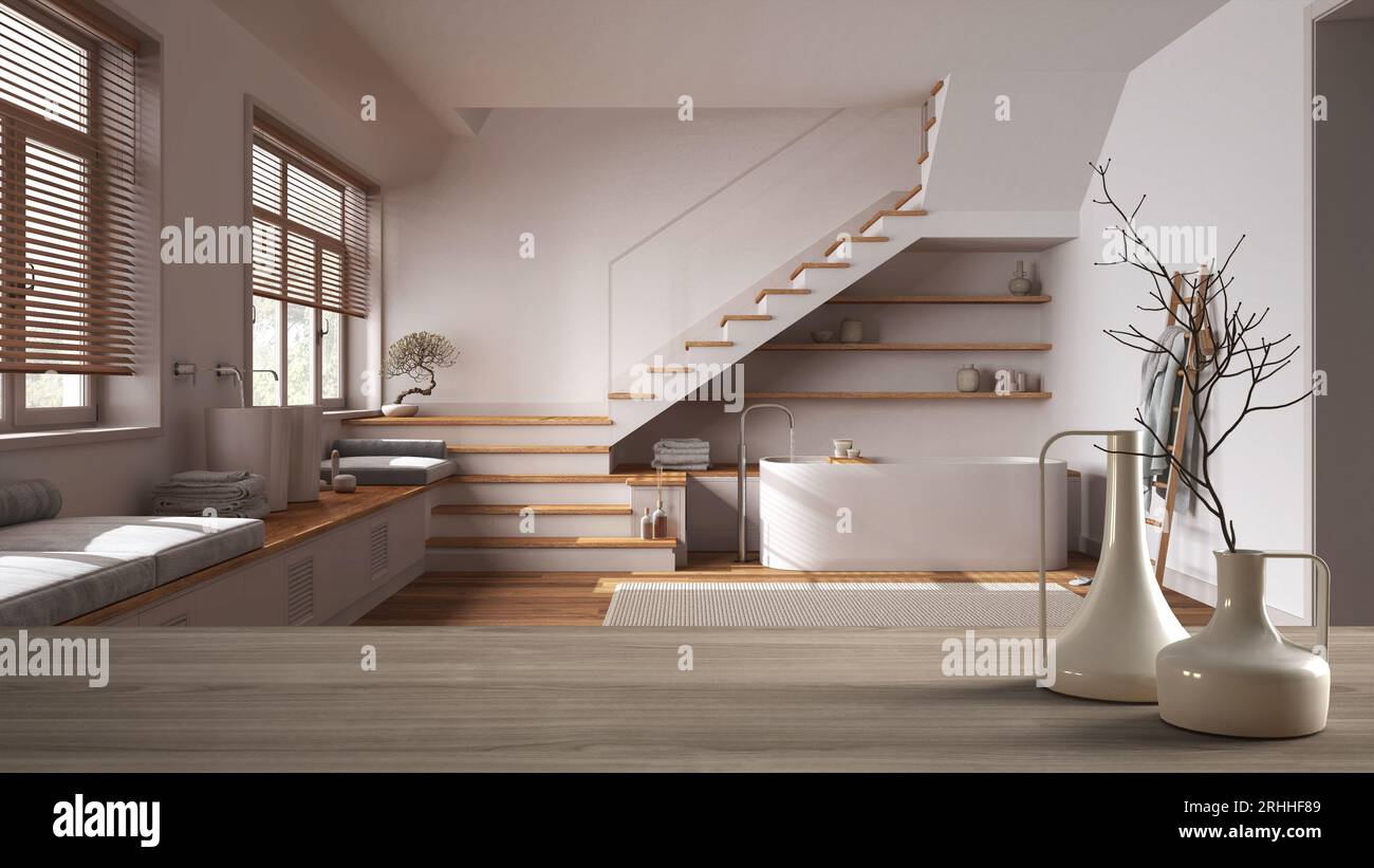 Tavolo o mensola in legno con vasi moderni minimalisti sopra japandi bagno in legno con scala in stile moderno, architettura contemporanea interi Foto Stock