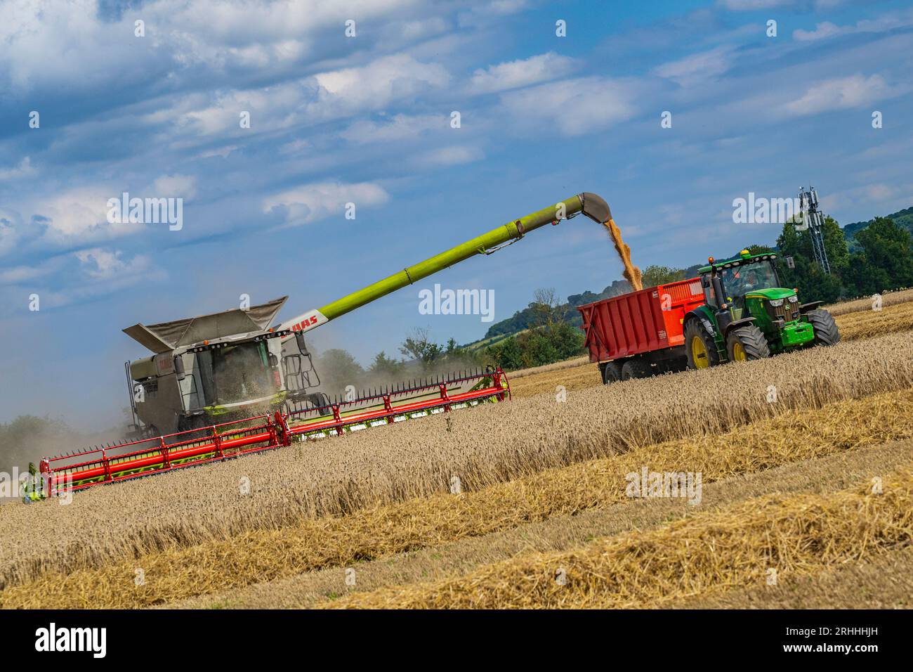 Lincolnshire, Regno Unito - Una mietitrebbiatrice che raccoglie il mais in un giorno d'estate durante il trasferimento al frumento su un trattore e un rimorchio in attesa per la consegna al magazzino di cereali Foto Stock