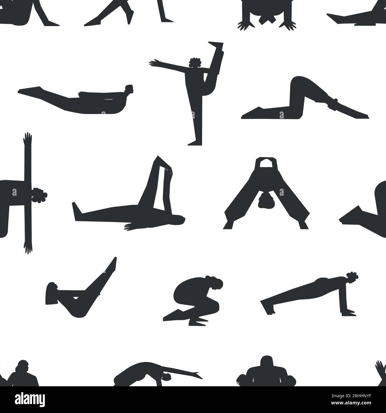 Pattern vettoriale senza cuciture con pose fitness. Collezione piatta isolata con donne iispaniche, afroamericane ed europee che fanno esercizi come lo yoga Illustrazione Vettoriale