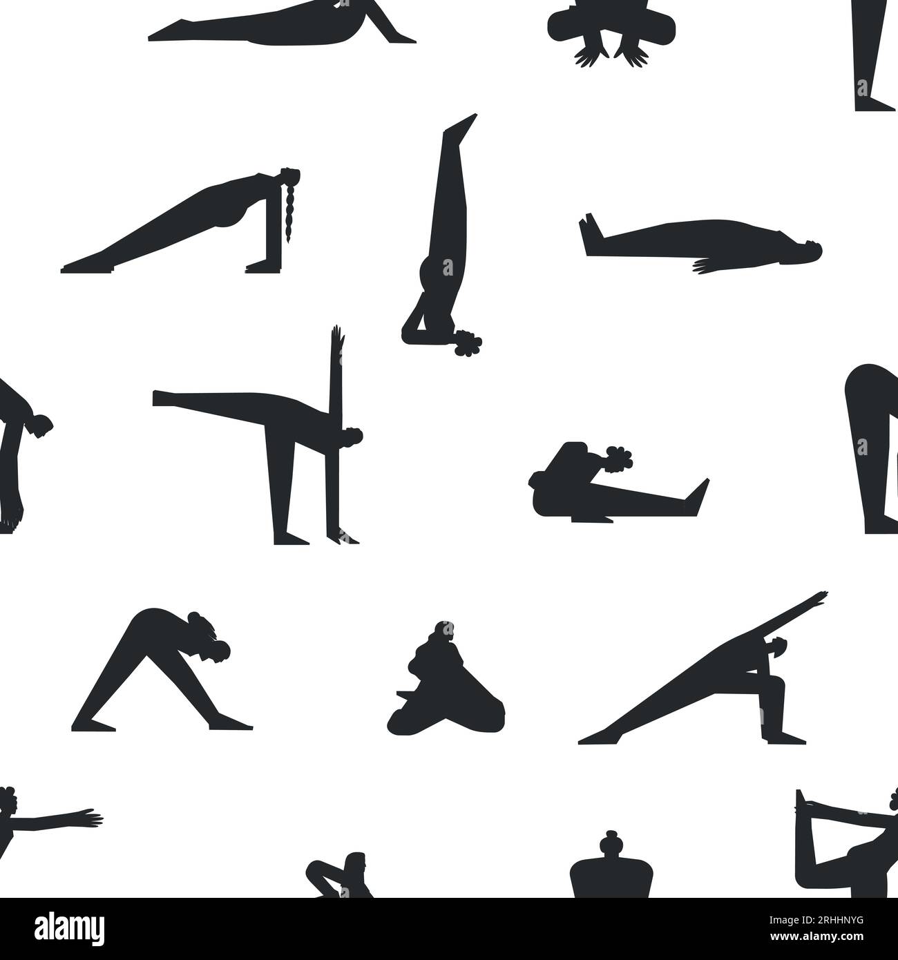 Pattern vettoriale senza cuciture con pose fitness. Collezione piatta monocromatica isolata con donne iispaniche, afroamericane ed europee che fanno yoga exerci Illustrazione Vettoriale