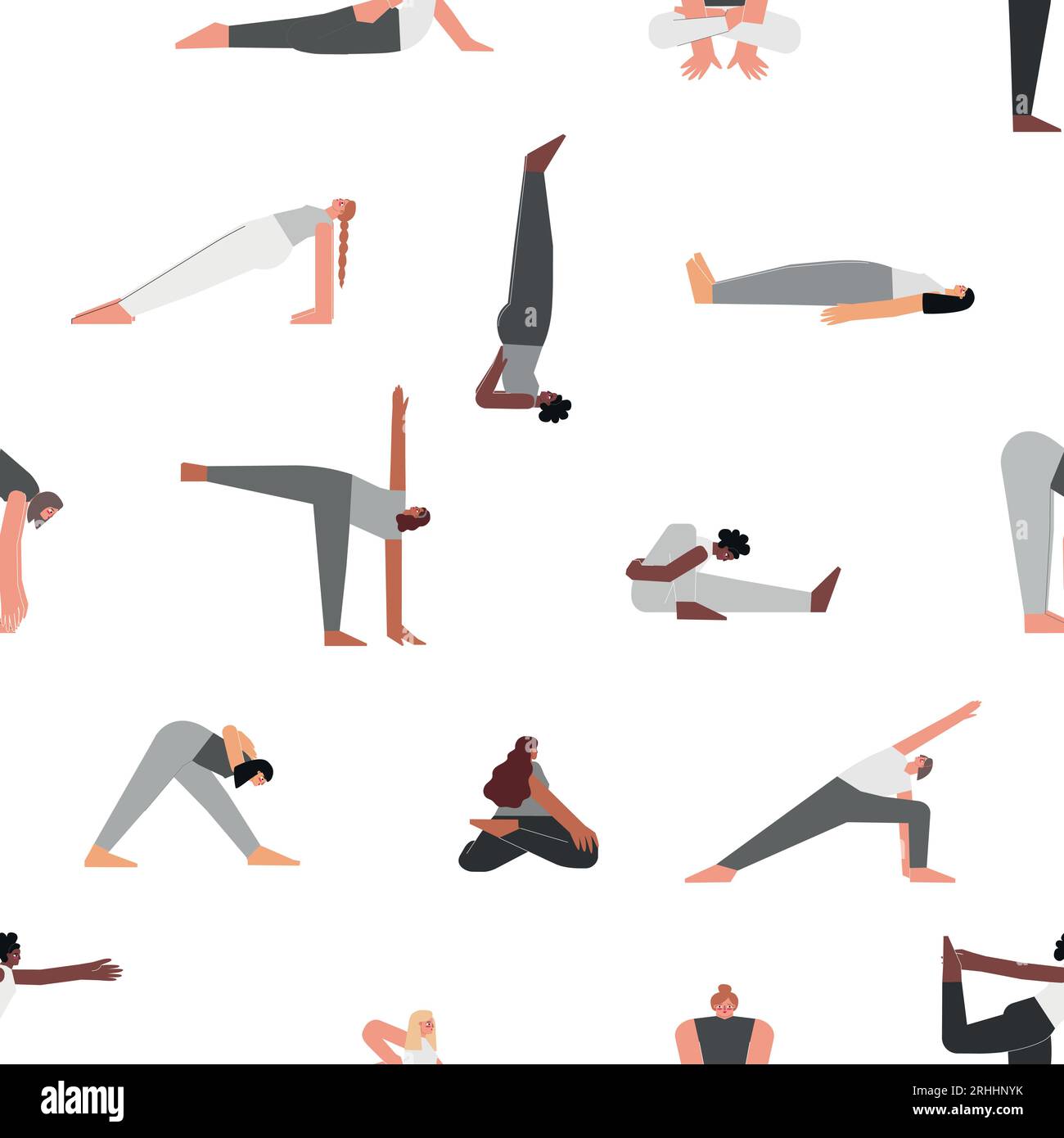 Pattern vettoriale senza cuciture con pose fitness. Collezione piatta monocromatica isolata con donne iispaniche, afroamericane ed europee che fanno yoga exerci Illustrazione Vettoriale