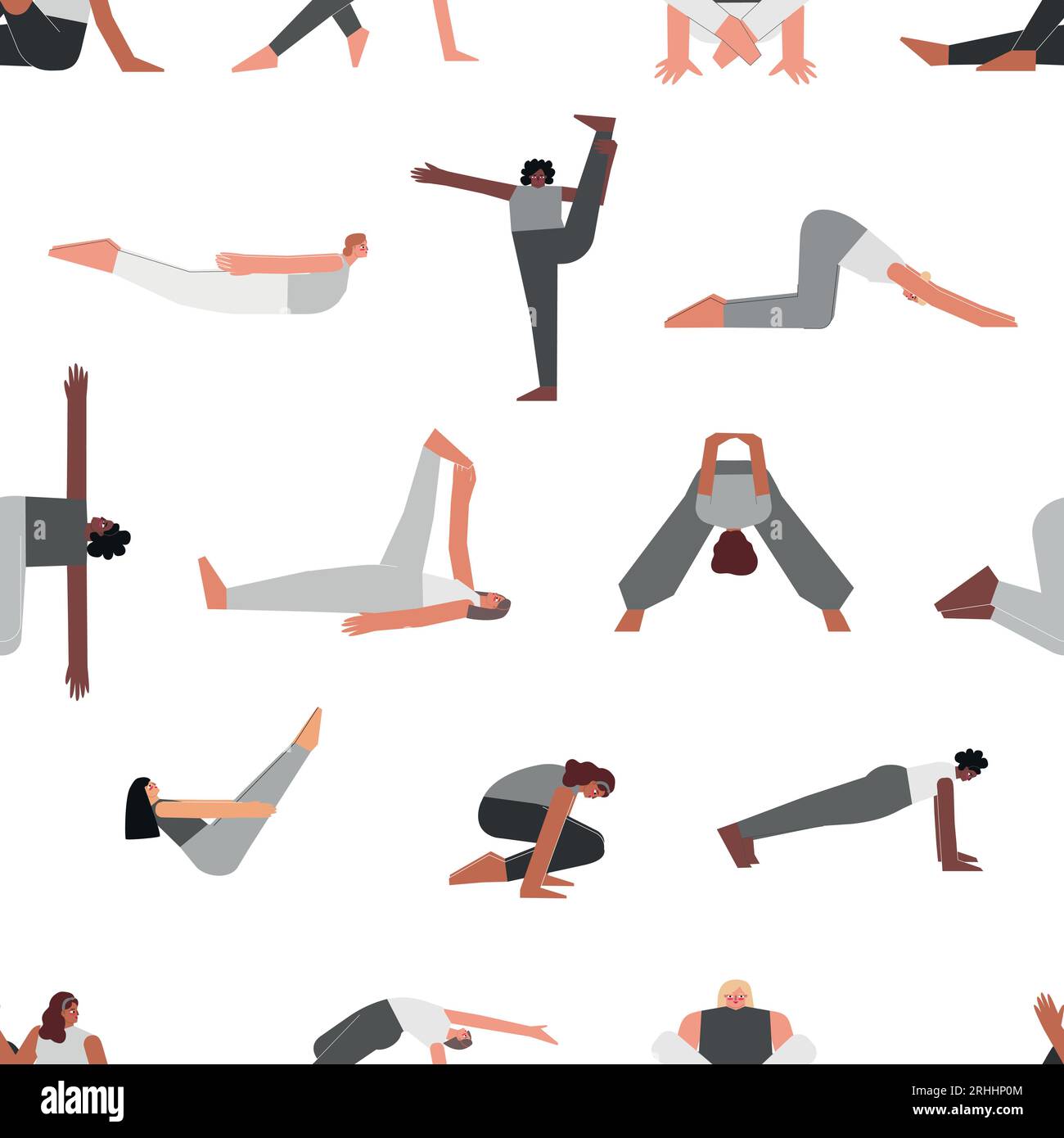 Pattern vettoriale senza cuciture con pose fitness. Collezione piatta monocromatica isolata con donne asiatiche, afroamericane ed europee che fanno esercizi di yoga Illustrazione Vettoriale