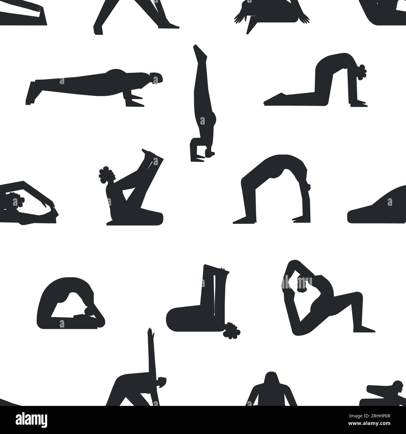 Pattern vettoriale senza cuciture con pose fitness. Collezione piatta isolata con donne iispaniche, afroamericane ed europee che fanno esercizi di yoga come AS Illustrazione Vettoriale
