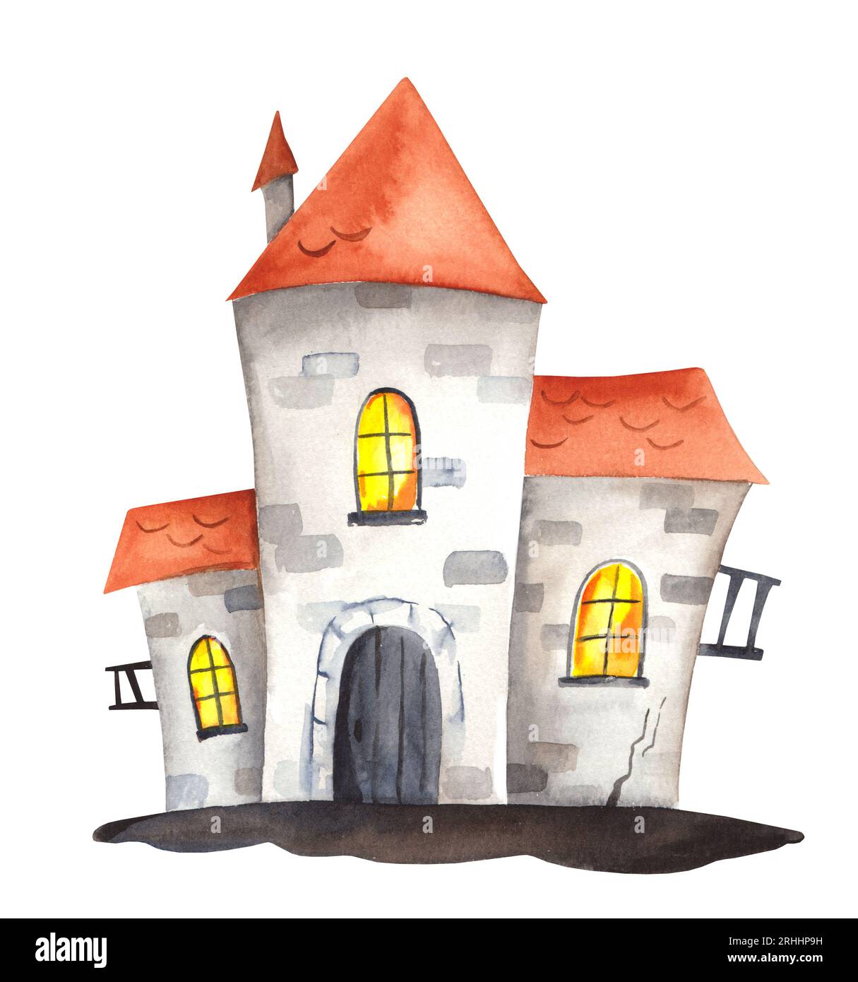 Acquerello sinistro casa infestata. Perfetto per inviti, stampa, cancelleria, scrapbooking, confezionamento, decorazioni natalizie, biglietti di Halloween. Foto Stock