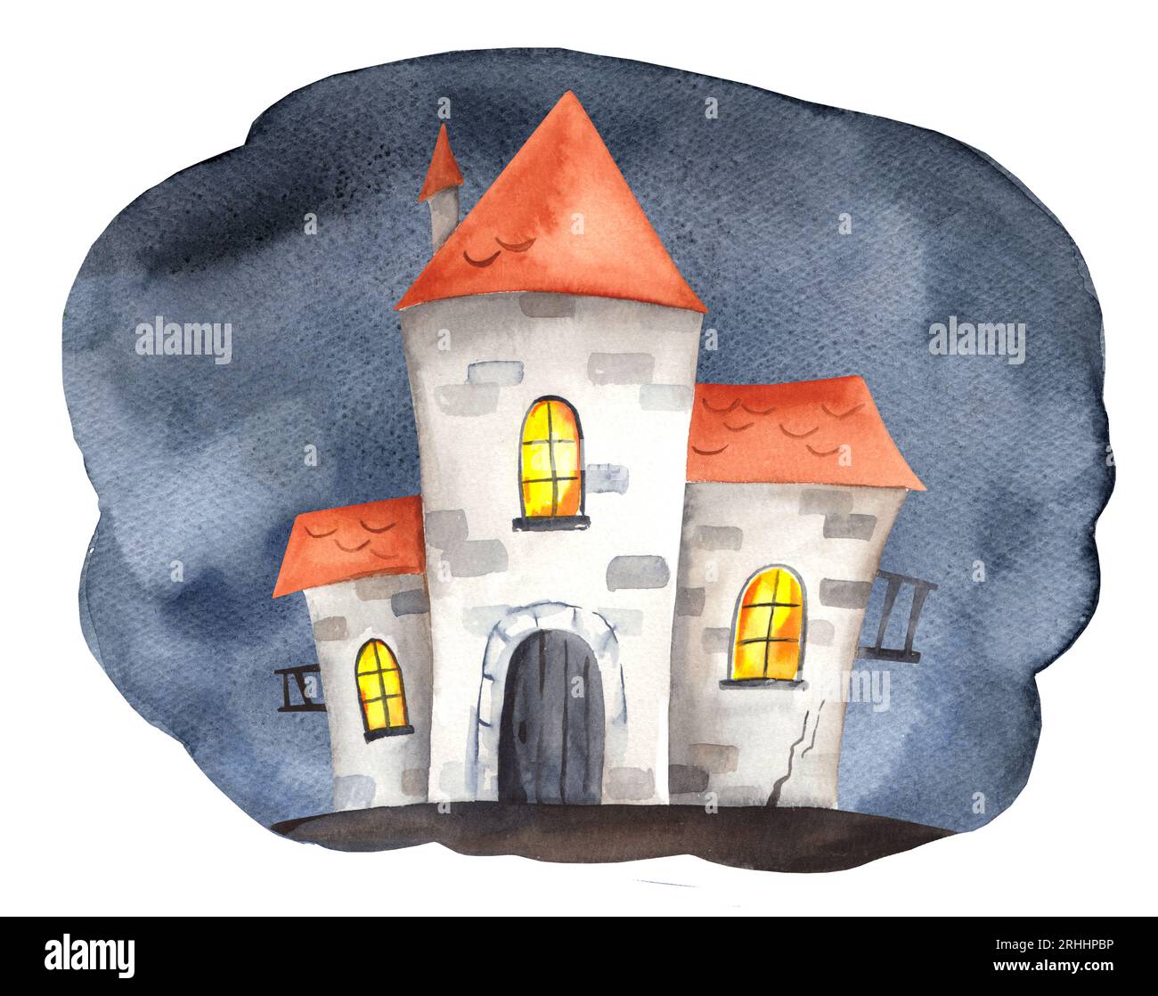 Acquerello sinistro casa infestata. Perfetto per inviti, stampa, cancelleria, scrapbooking, confezionamento, decorazioni natalizie, biglietti di Halloween. Foto Stock