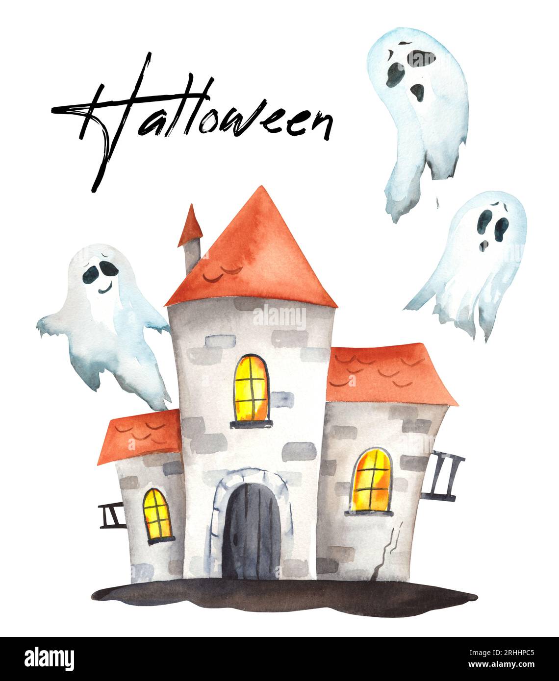 Acquerello sinistro casa infestata. Perfetto per inviti, stampa, cancelleria, scrapbooking, confezionamento, decorazioni natalizie, biglietti di Halloween. Foto Stock