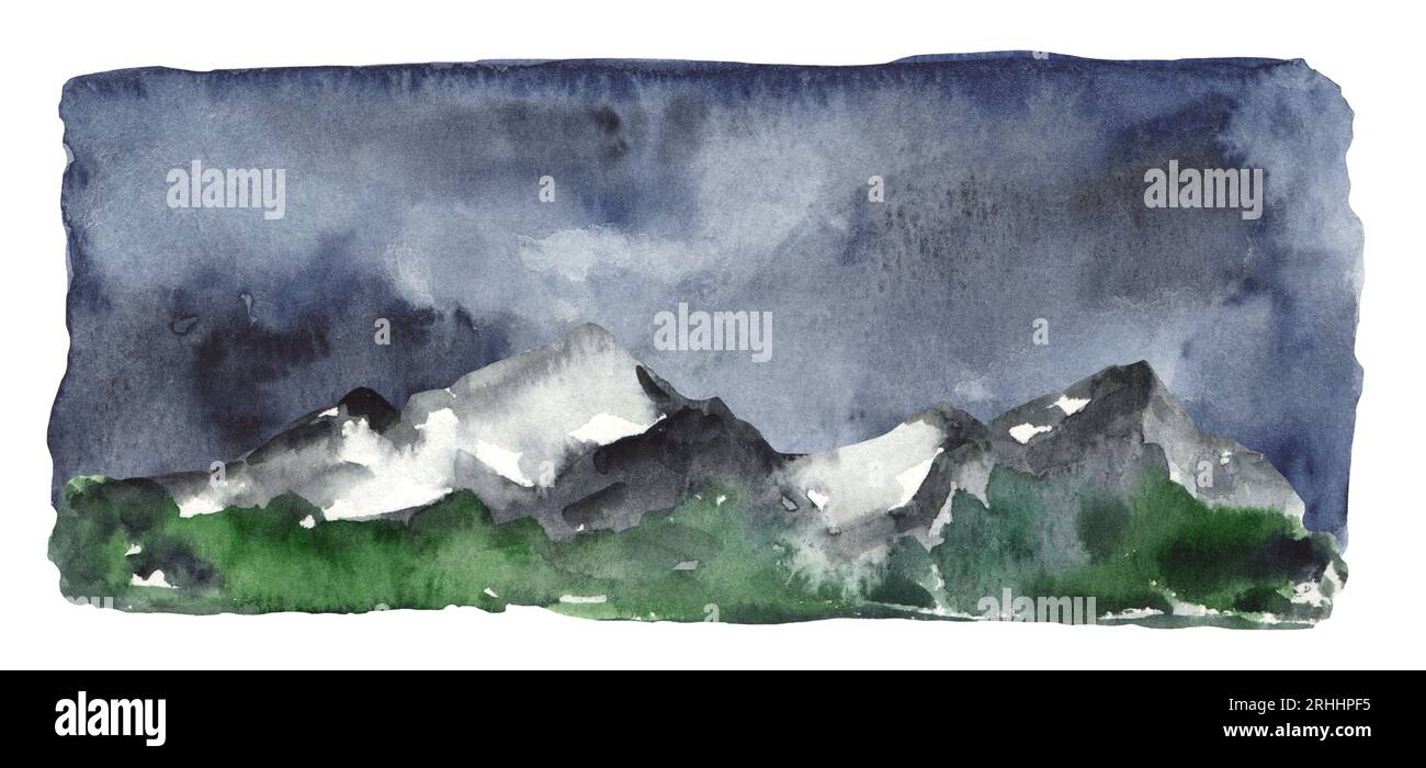 Paesaggio nebbioso acquerello con montagne e pini. Illustrazione a mano di un temporale tra le montagne. Tempesta e maltempo Foto Stock
