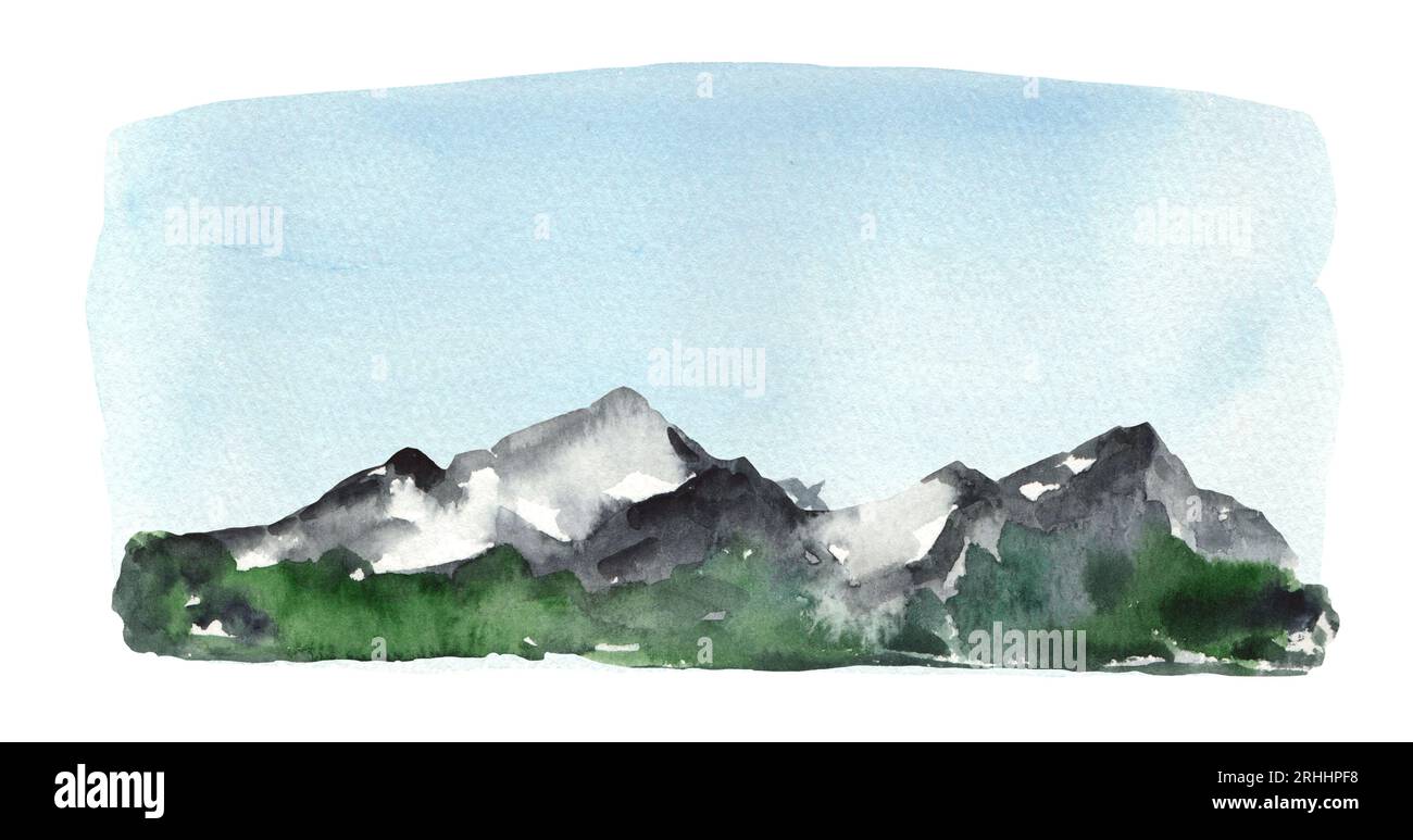 Paesaggio nebbioso acquerello con montagne e pini. Montagne disegnate a mano Foto Stock