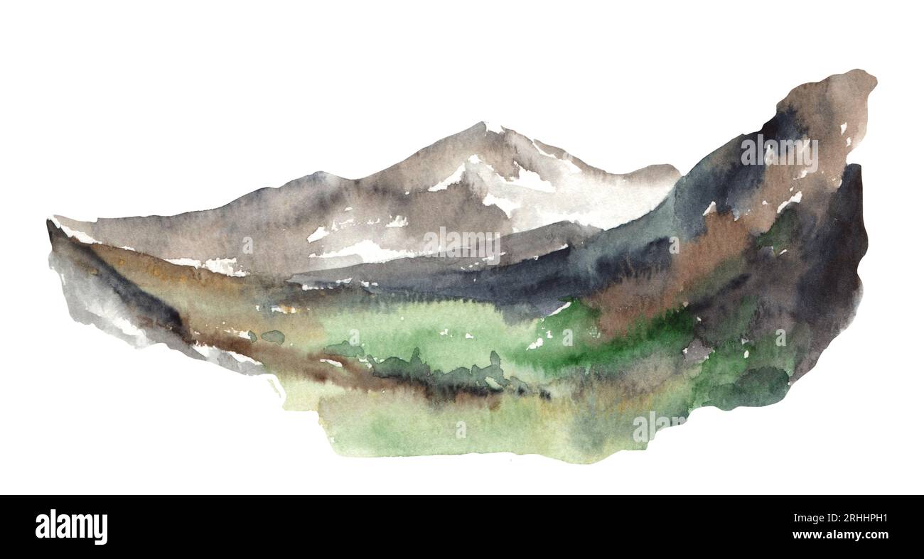 Paesaggio nebbioso acquerello con montagne e pini. Montagne disegnate a mano Foto Stock