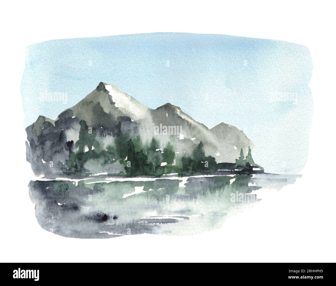 Paesaggio nebbioso acquerello con montagne e lago. Montagne disegnate a mano Foto Stock
