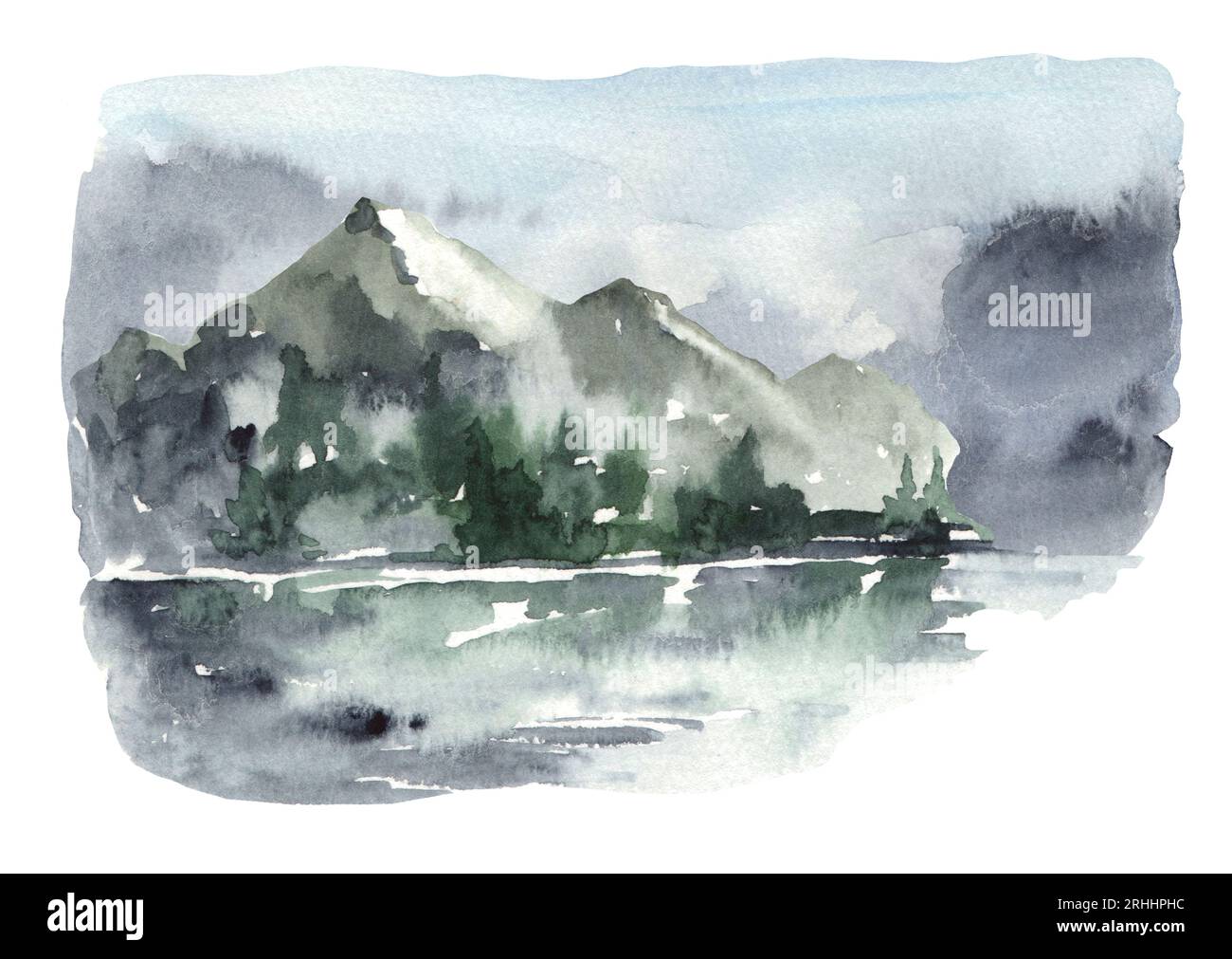 Paesaggio nebbioso acquerello con montagne e lago. Montagne disegnate a mano Foto Stock