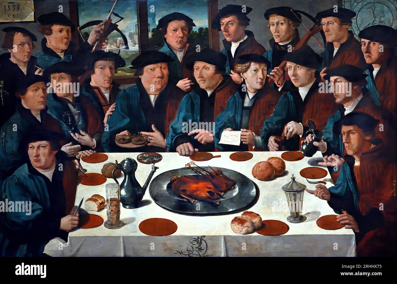 Banchetto dei membri della Guardia Civica della balestra di Amsterdam, il banchetto Braspenning“ 1533 di Cornelis Anthonisz. Olandese, Paesi Bassi, Olanda. Foto Stock