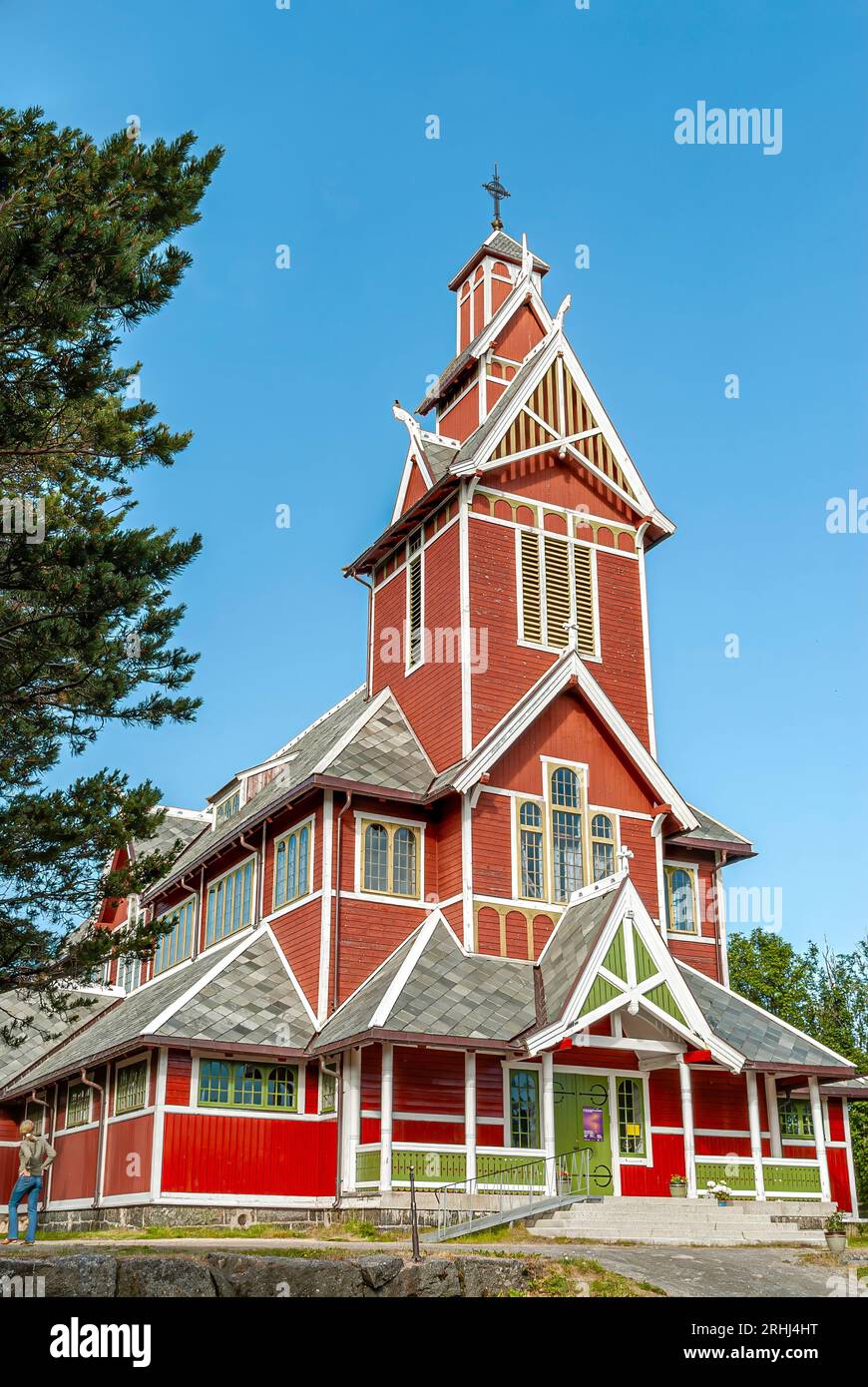 Chiesa di Buksnes di Gravdal, Isole Lofoten, Norvegia Foto Stock