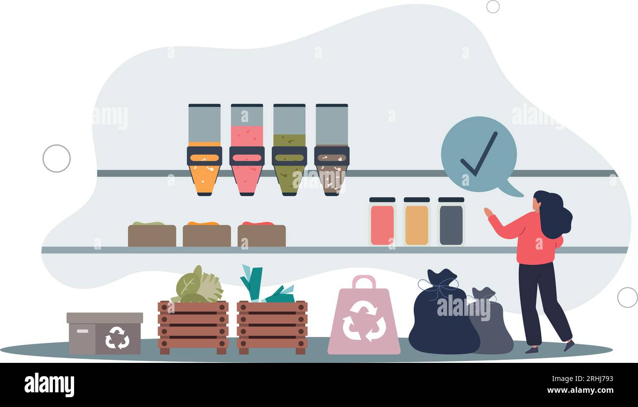 Negozio di alimentari zero rifiuti con packaging.Organic verdure ecologiche e prodotti sani senza involucro in plastica. Illustrazione vettoriale piatta. Illustrazione Vettoriale