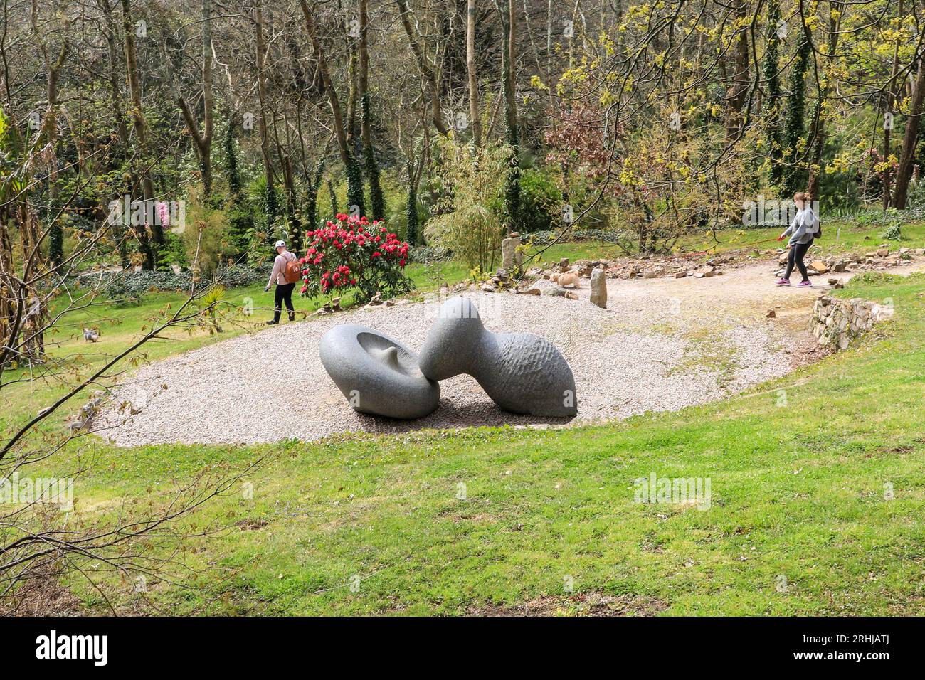Hassan Marble Sculpture di Peter Randall-Page chiamata "Slip of the Lip", Tremenheere Sculpture Gardens vicino a Penzance, Cornovaglia, Inghilterra, Regno Unito Foto Stock
