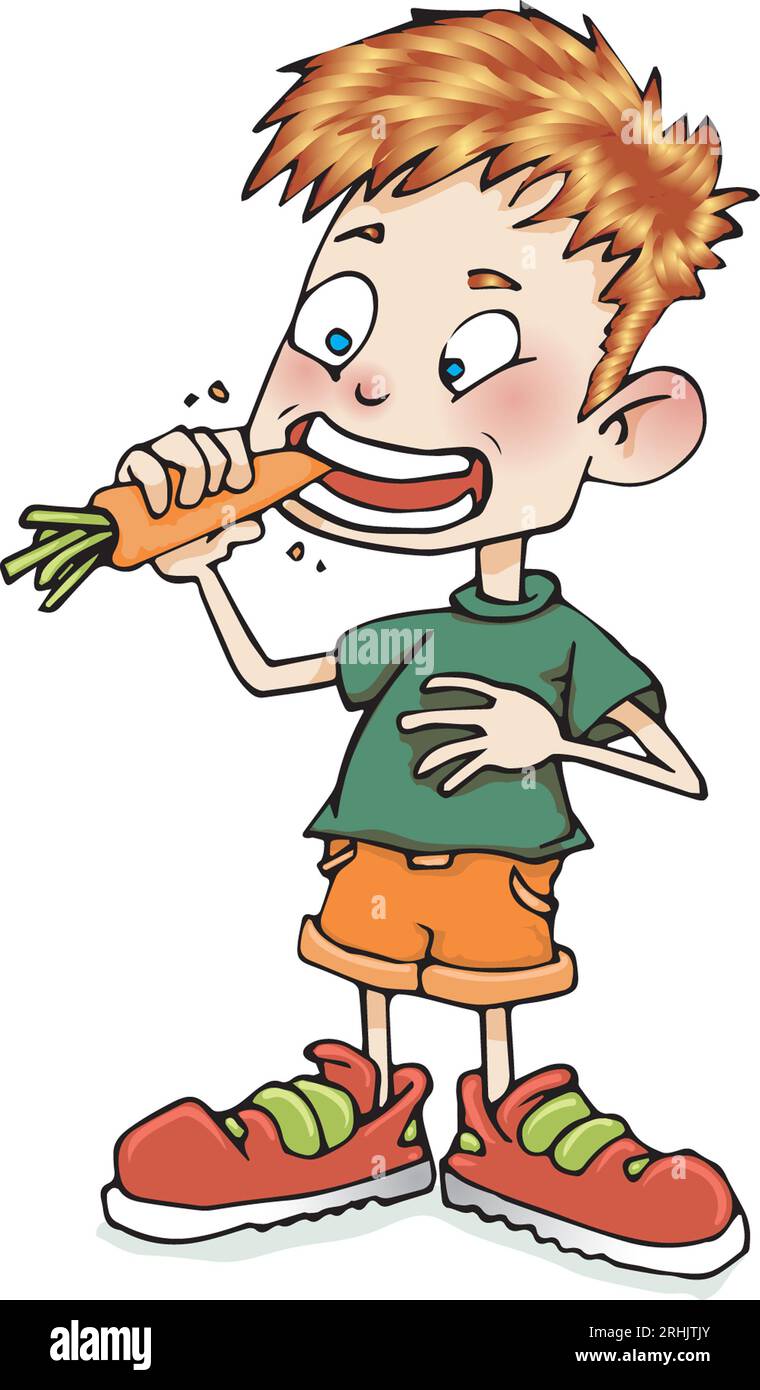 Giovane ragazzo in pantaloncini & t-shirt mangiare carota, concept art, mangiare sano, cinque al giorno, le carote sono un alimento per la salute riducendo il cancro e i rischi di malattie cardiache Foto Stock