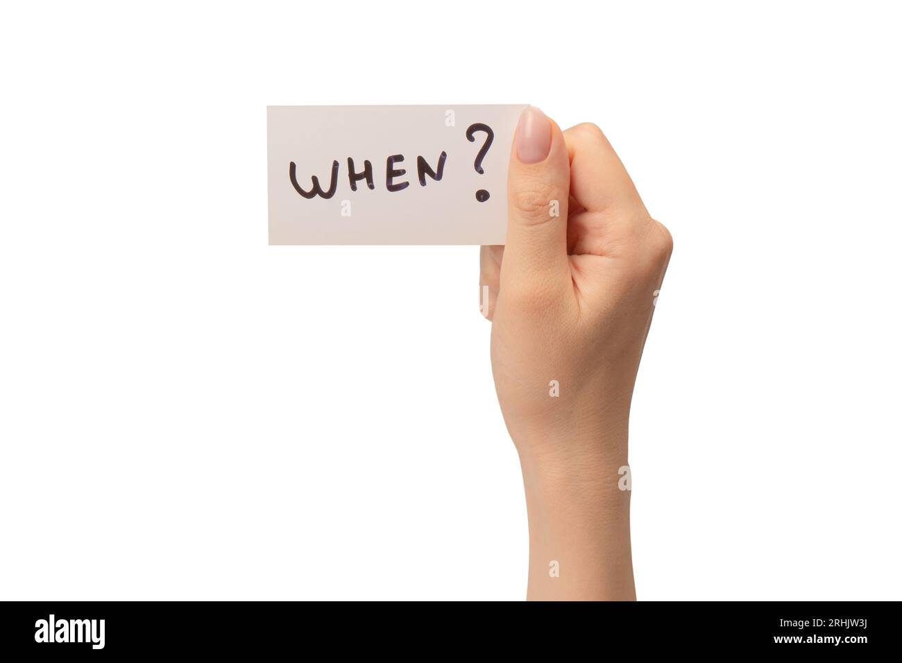 Quando un messaggio su una scheda in una mano di donna isolato su uno sfondo bianco. Foto Stock