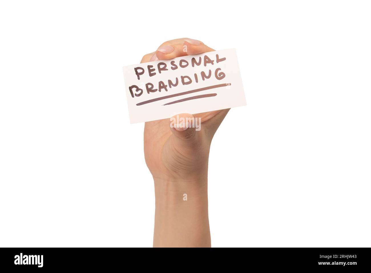 Testo di branding personale su una scheda in una mano di donna isolata su uno sfondo bianco. Foto Stock